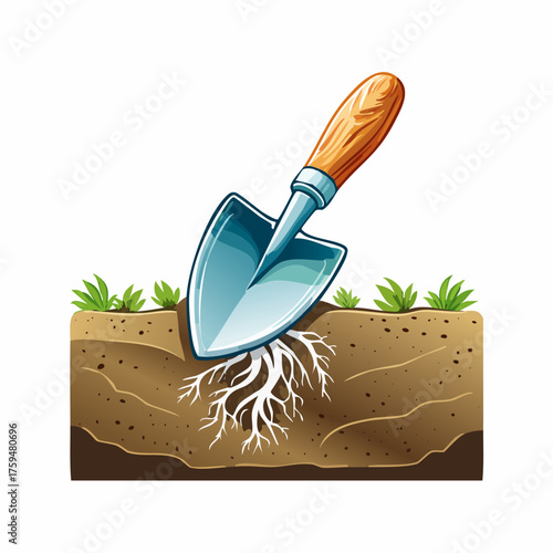 Gardening Trowel Planting Roots in Soil Illustration.