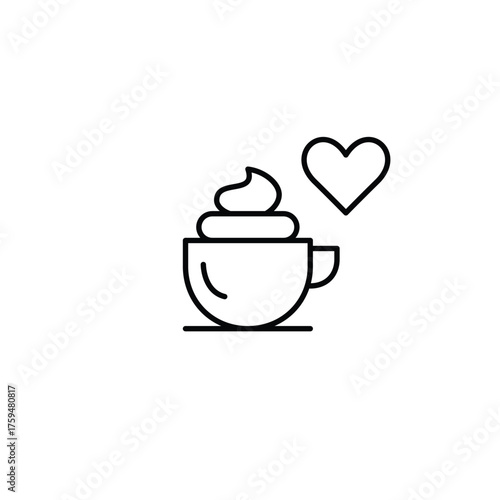 Cappuccino with whipped cream and heart. Romantic date, love for coffee. Pixel perfect, editable stroke vector icon