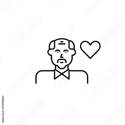 Elderly man user and heart. Trusted assistance, senior support services. Pixel perfect, editable stroke vector icon