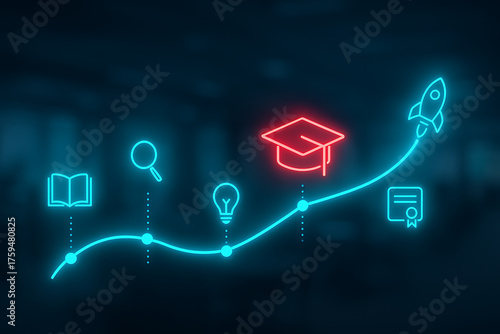 Educational path and career development growth with neon icons for study, idea, graduation, and success representing learning to success journey