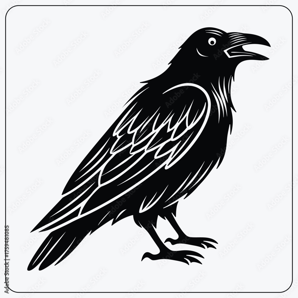 Fototapeta premium Stylized raven illustration. Black crow with open beak. Gothic symbol for Halloween, mythology, or a mascot logo. Vector graphic.