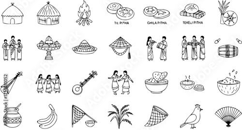 Assamese Bihu Festival Icons: Traditional Huts, Pitha Snacks, Music, Dance, and Cultural Symbols - Hand Drawn Vector Illustrations