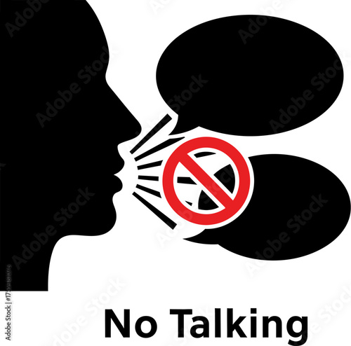 No talking vector icon silhouette of a head with speech bubbles and prohibition sign concept for quiet zones and communication restrictions