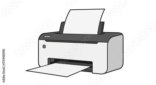 Monochrome printer with paper vector illustration for office productivity and workflow management