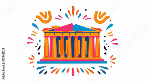 A stylized and vibrantly colored illustration of a classical Greek temple structure with confetti
