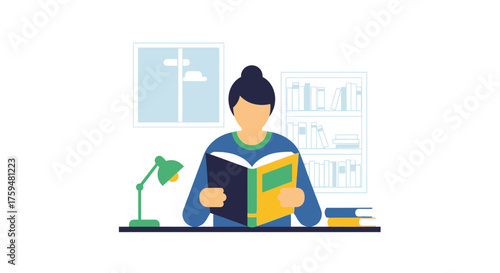 An illustration of a woman reading a book in a bright room, surrounded by books and a lamp which