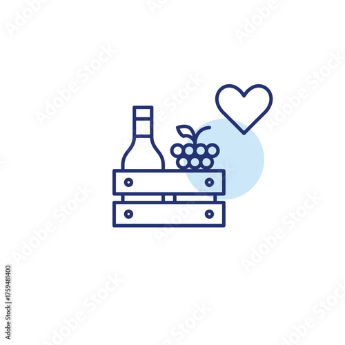 Wine bottle, grapes, wooden crate and heart. Quality drinks, approved alcohol. Customer favorites. Pixel perfect, editable stroke vector icon