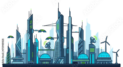 Futuristic metropolis illustration with clean energy and advanced transportation technology