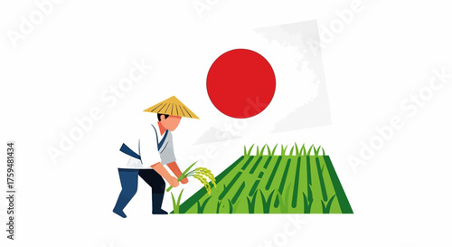 Japanese rice farmer in traditional clothing harvesting grain with Japan flag waving