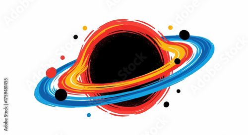 Abstract cosmic scene featuring a black hole surrounded by colorful swirling rings and orbs