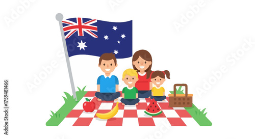 Happy australian family enjoying a picnic with australian flag background illustration