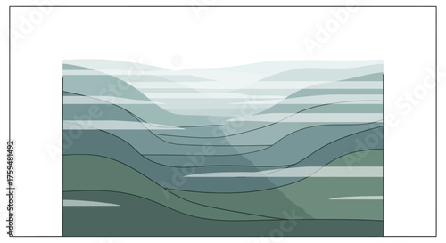 Abstract landscape illustration with soft pastel hues and layered wavy hills creating a serene