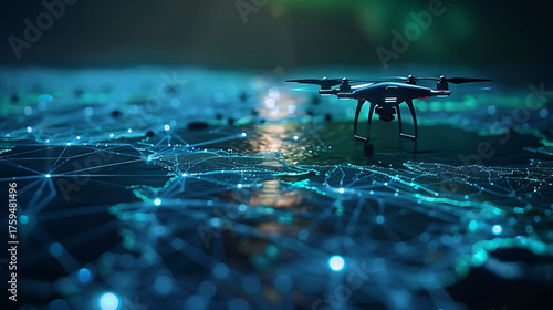 AI controlled robotic drones mapping glowing holographic terrain in 3D visualization  