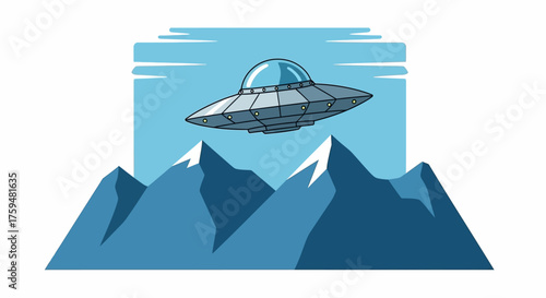 Flying saucer over majestic mountains with minimal clouds in a stylized illustration