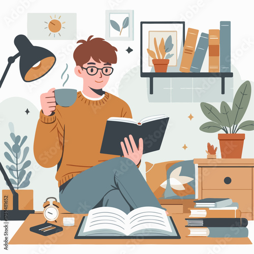 Cartoon illustration of a man relaxing drinking coffee while reading a book