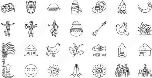 Eastern Indian Cultural Festival Icons. Hand-drawn outline vector set of traditional elements, Bihu dance, instruments, rural life, nature, and celebration symbols.