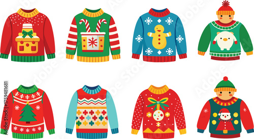 Collection of Eight Colorful Festive Holiday Themed Ugly Christmas Sweaters