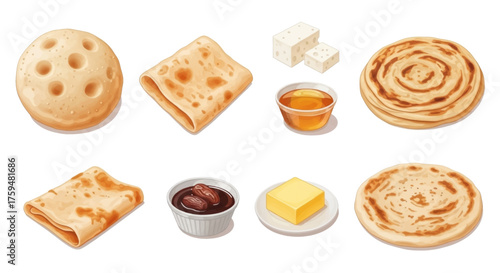 A collection of delicious flatbreads with butter and honey, perfect for breakfast or a snack