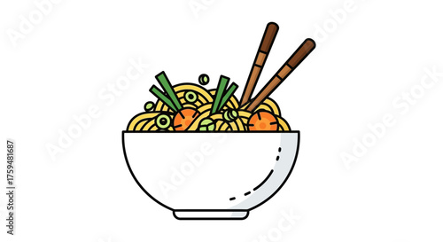Bowl of delicious noodle soup illustration with fresh vegetables for website menu