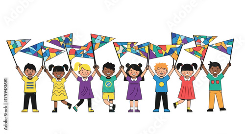 A vibrant gathering of diverse children joyfully holding colorful patterned flags together