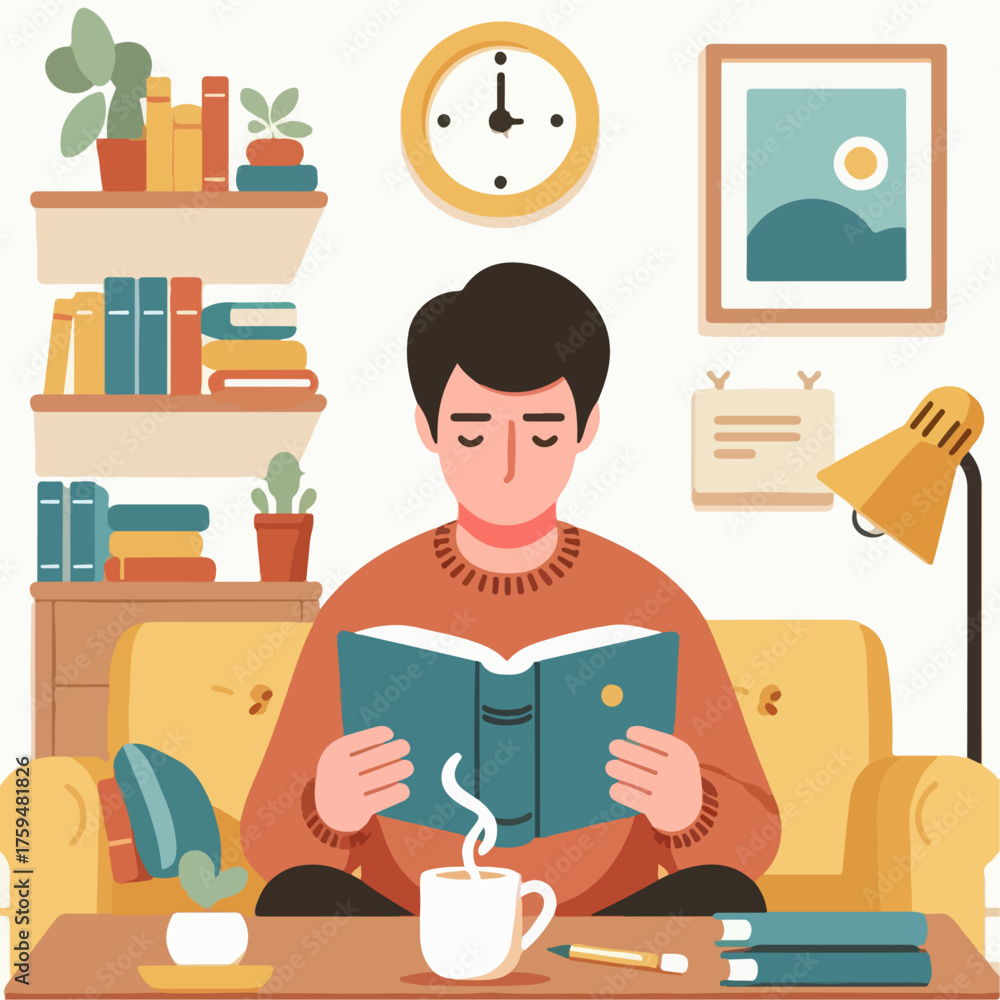 Fototapeta premium Cartoon illustration of a man relaxing drinking coffee while reading a book