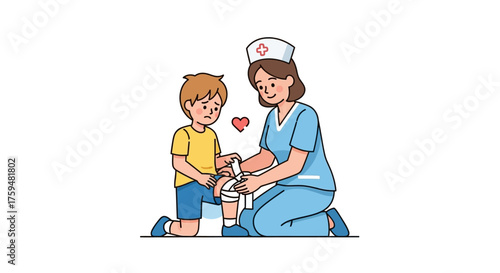 Caring nurse bandages a young boy's injured knee with empathy and professionalism creating a sense