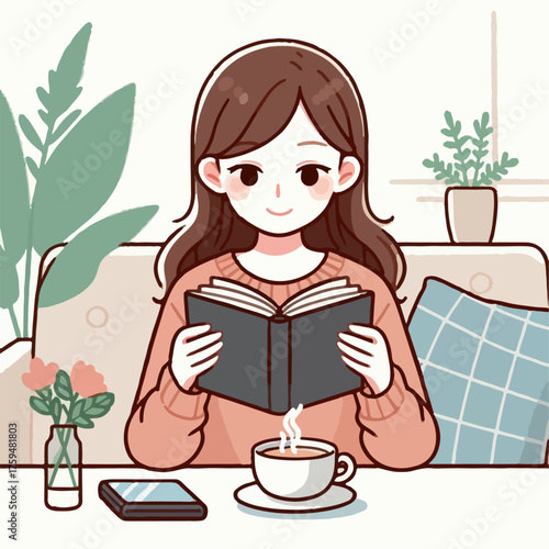 Cartoon illustration of a woman relaxing drinking coffee while reading a book