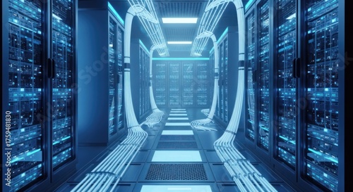 Futuristic data center room with glowing servers and structured cabling infrastructure