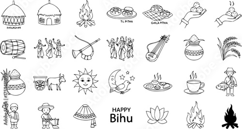 Traditional Assamese Bihu Festival Culture Symbols and Elements Hand Drawn Line Art Icons Collection