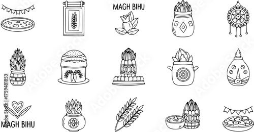 Magh Bihu Assamese Harvest Festival Outline Icons. Traditional Food, Kalash, Lamps, Wheat, and Festive Decorations, Hand-Drawn Vector Set for Indian Culture