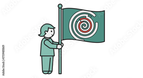 Illustration of a person holding a flag with a symbolic spiral design displayed on it