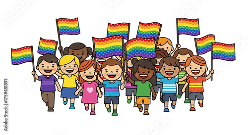 Diverse group of children joyfully celebrating unity and acceptance with rainbow flags