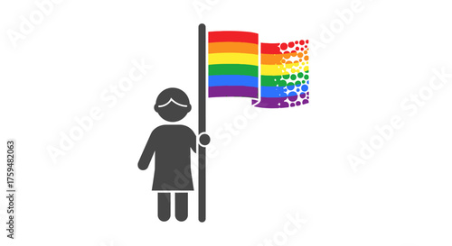 Silhouette figure holding a vibrant rainbow flag, symbolizing freedom and diversity, representing