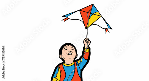 Illustration of a cheerful young boy holding up a colorful kite on a bright sunny day filled with