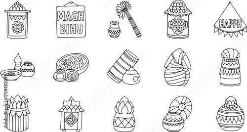 Magh Bihu Festival Line Art Icons Set - Traditional Assamese Harvest Celebration Elements and Symbols Vector Illustration