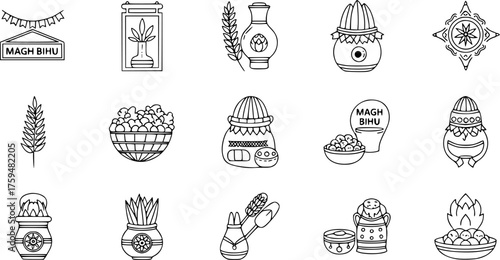 Detailed Magh Bihu Assamese Harvest Festival Line Icons Set. Traditional Cultural Symbols, Festive Food, and Celebration Elements in Outline Art.