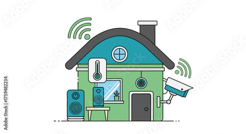 Smart home concept illustration showing wireless connectivity and security surveillance systems