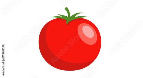 Illustration of a Vibrant Red Tomato with Lush Green Stem, on a Clean White Background
