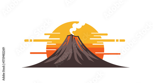 Stylized volcanic landscape illustration with vibrant sunrise hues and cloud graphic