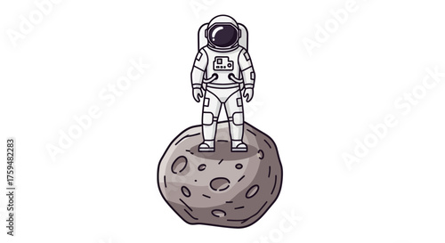 Astronaut standing on a celestial body with craters, exploring distant planets and galaxies