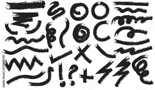 Hand-Drawn Grunge Vector Brush Strokes Set: Collection of 25+ Distressed Ink Markers, Swirls, Circles, Underlines, Checkmarks, and Abstract Paint Textures for Design and Scrapbook Elements, brush set
