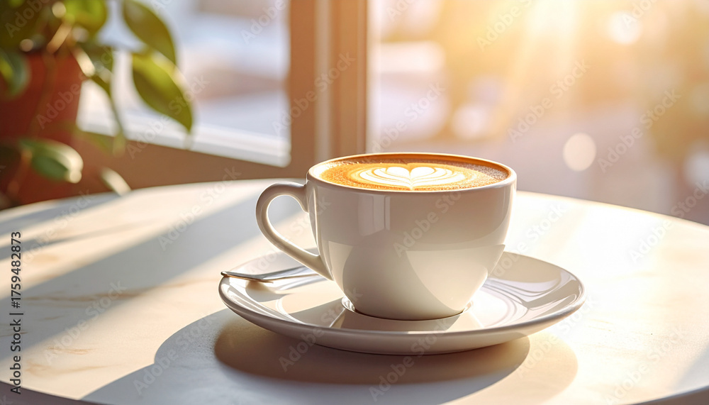 Fototapeta premium Coffee cup with foam detail on white ceramic plate in morning sunlight, macro close-up