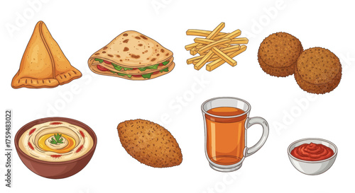 A variety of traditional Middle Eastern and international foods and drinks including hummus, falafel, fries, and tea