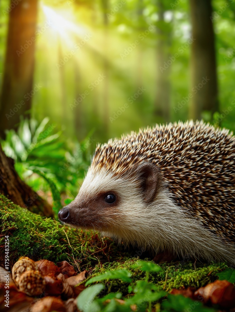 Fototapeta premium Adorable hedgehog exploring a vibrant woodland in soft sunlight