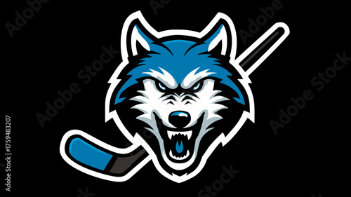 Ferocious blue wolf head with hockey stick graphic, aggressive animal mascot design, vector illustration for sports team branding or merchandise.