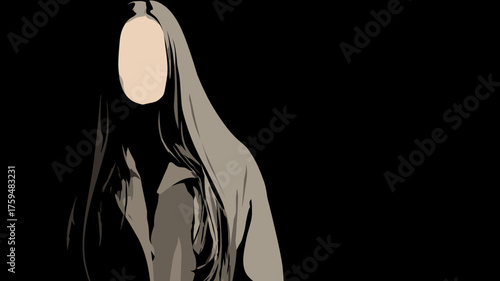 Minimalist illustration of faceless woman with long dark hair, representing anonymity, identity, and inner thoughts on a dark background.