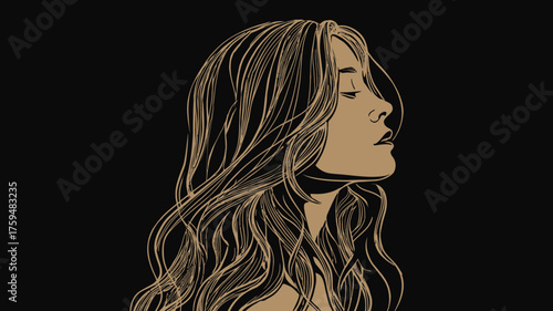 Elegant golden line art illustration of a serene woman's profile with long flowing wavy hair on a dark background. Peaceful and artistic vector.