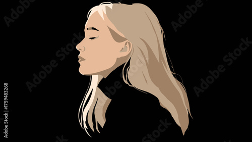 Serene young woman's side profile with closed eyes and flowing blonde hair in a minimalist vector illustration, symbolizing peace and thought.