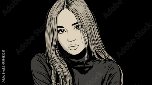 Elegant vector art portrait of a beautiful young woman with long, flowing wavy hair wearing a black turtleneck against a dark background