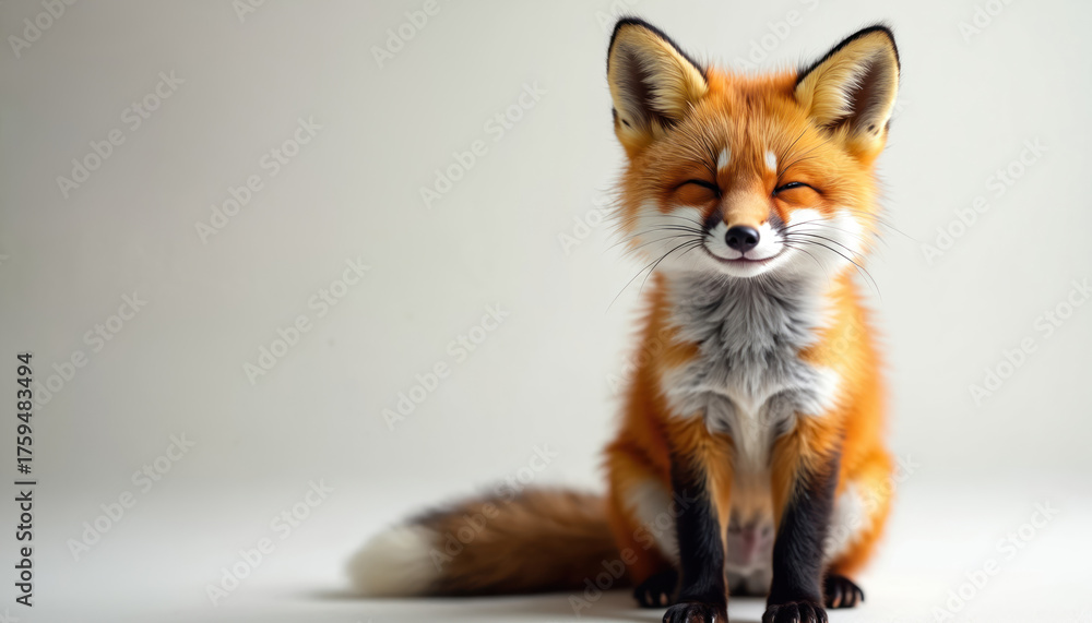 Fototapeta premium Adorable fox sits. Orange furred mammal poses on clean background. Wild animal smiles, looks calm, happy. Small furry creature relaxes. Little predator enjoys rest time. Calm cute fox dreams in